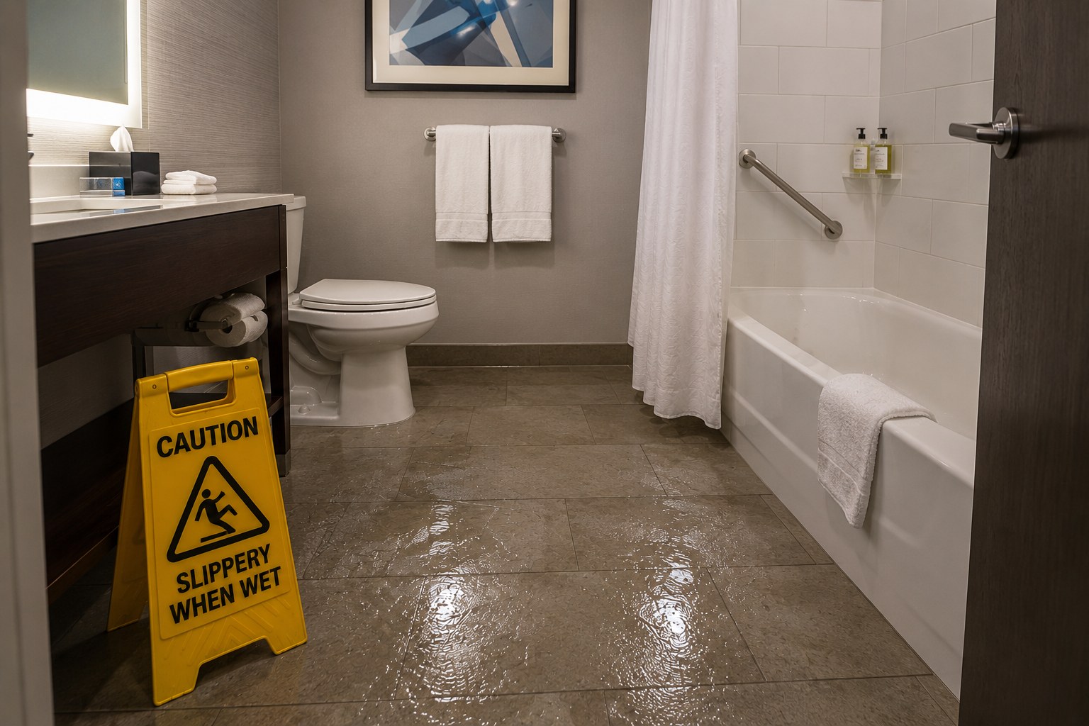 Wet bathroom tile floor with caution sign