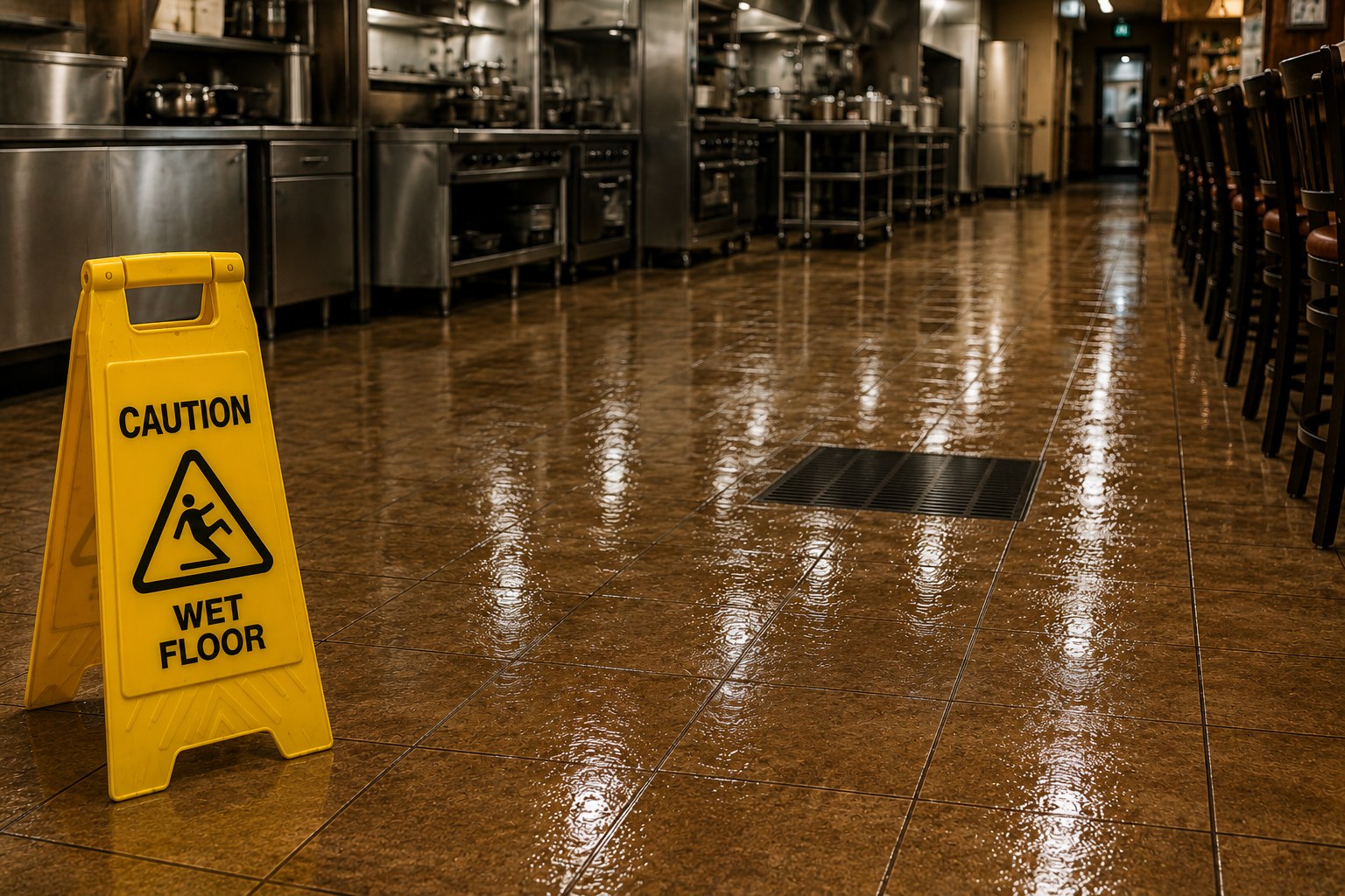 Wet commercial kitchen floor with caution sign